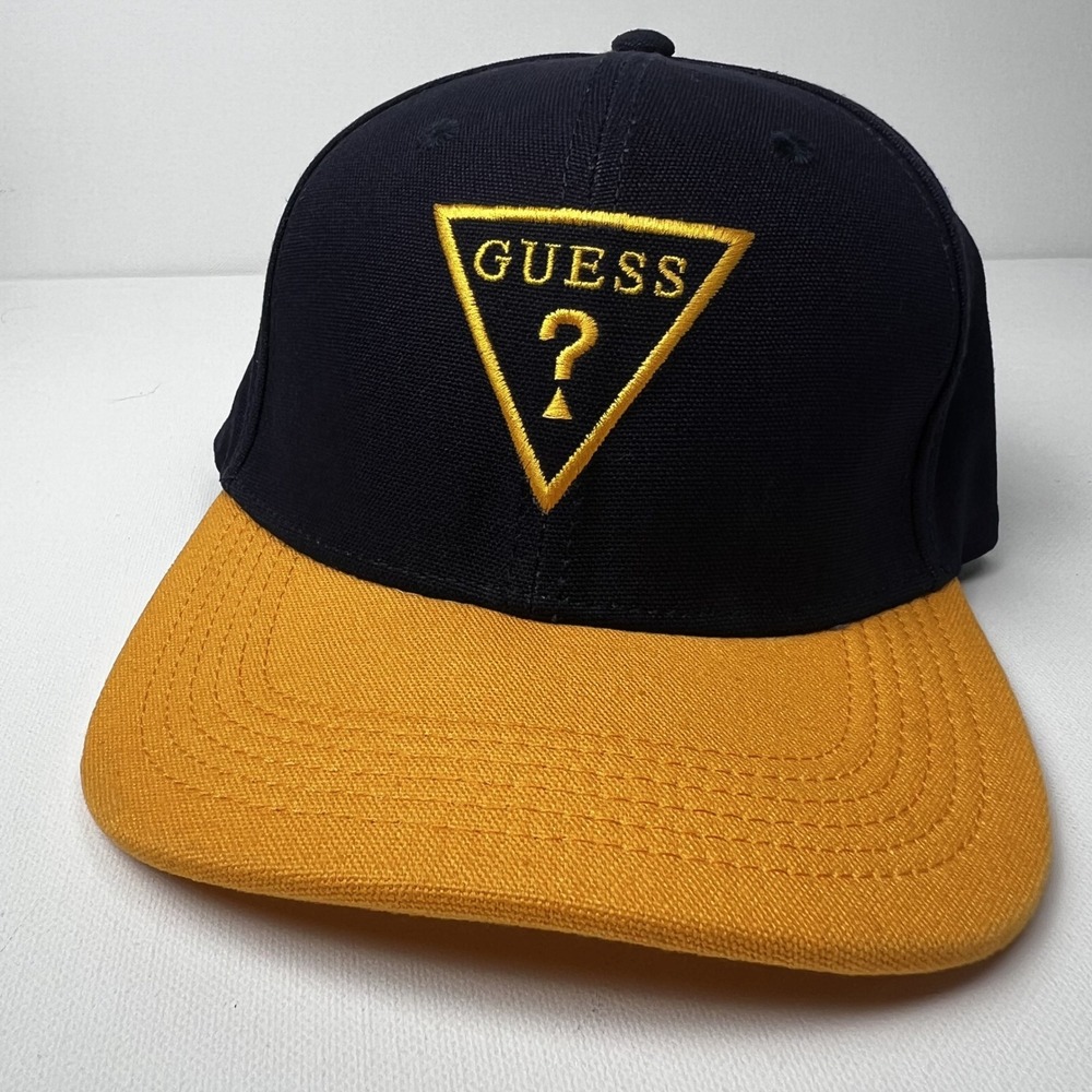 Guess Navy Blue Yellow Triangle Logo Snapback Hat Baseball Cap HWR-66779 Mens